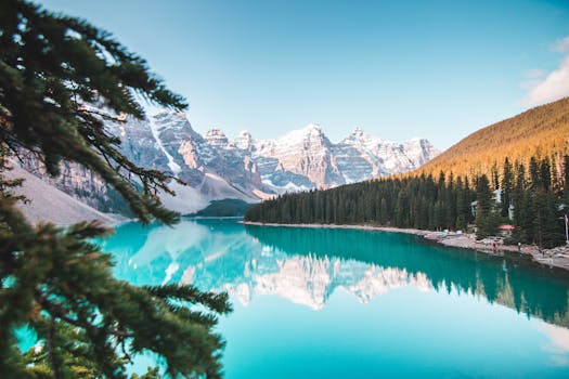 Idyllic view of Moraine Lake reflecting mountains and forests in Banff National Park, Canada.